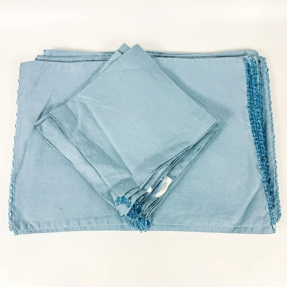 Pottery Barn Light Blue 100% Linen Beaded Placemats & Napkins Set Of 10